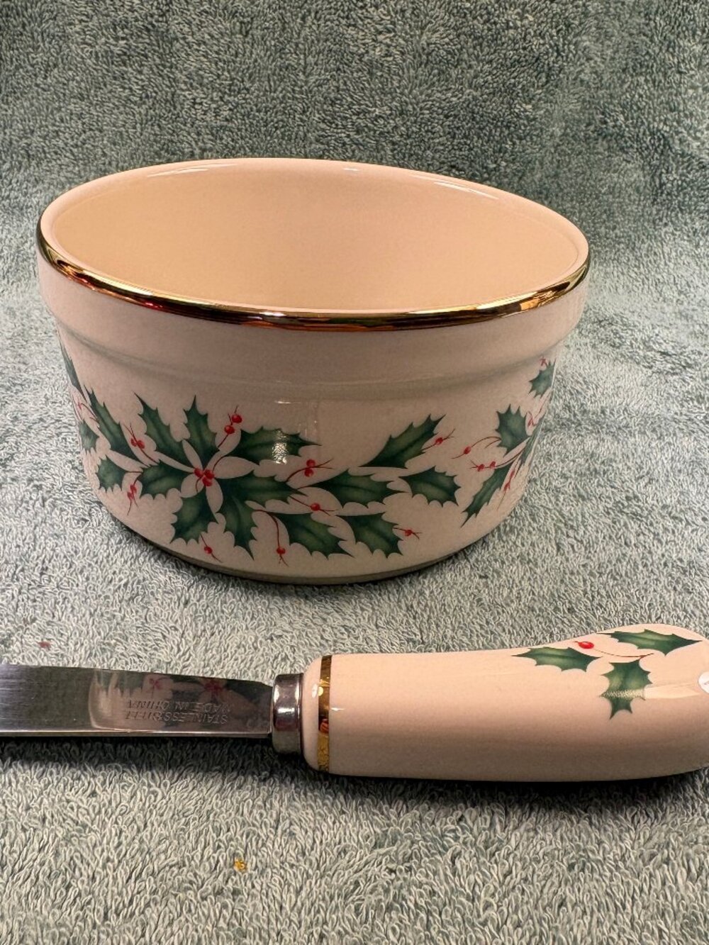 Lenox Holiday Dip Bowl with Spreader Set Ivory Porcelain Gold Trim Boxed 804420